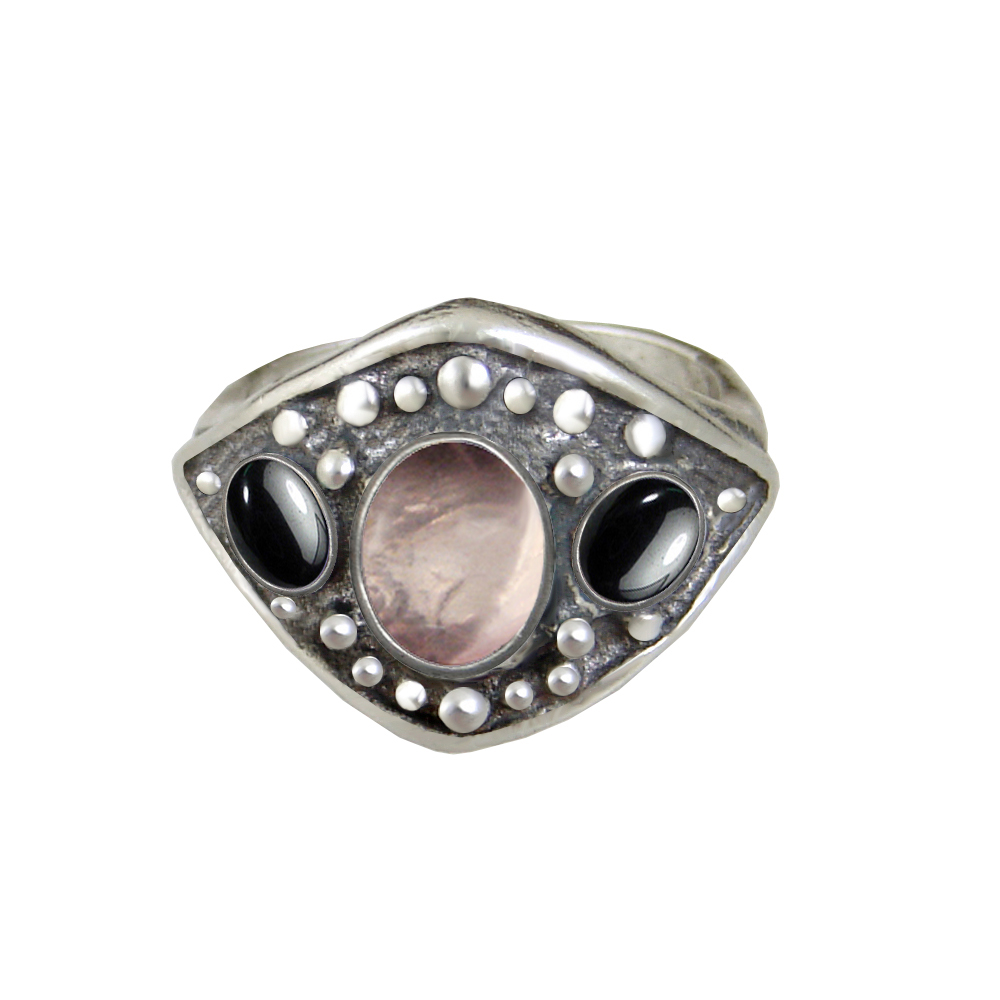 Sterling Silver Medieval Lady's Ring with Rose Quartz And Hematite Size 9